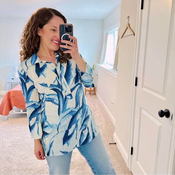 Chico’s Blue White Linen Printed Tunic Top Small - Picture 1 of 11